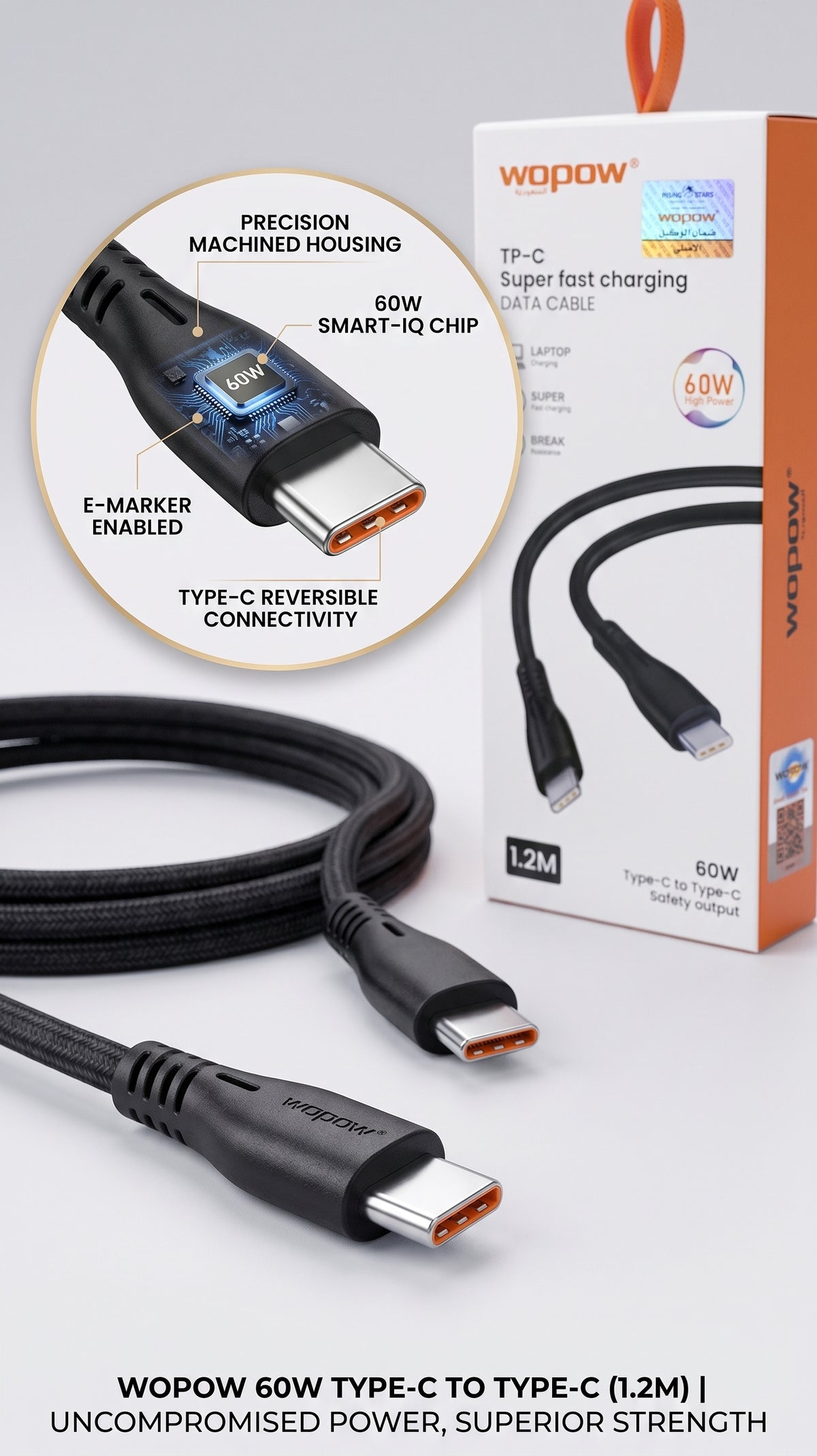 Wopow Type-C to Type-C 60W Fast Charging Data Cable 1.2M โ Laptop & Phone