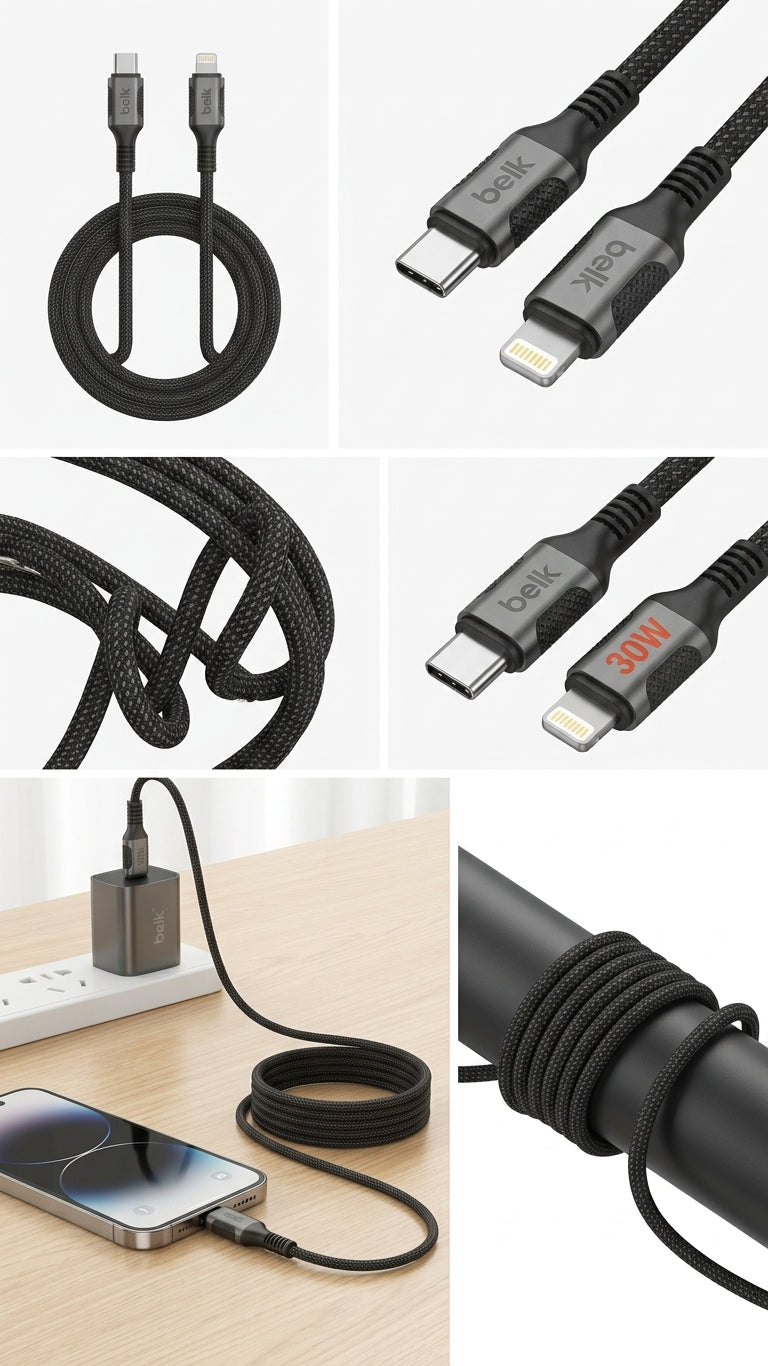 كابل شحن سريع بيلك USB-C إلى Lightning بتقنية PD بقدرة 30 واط – 120 سم، مغطى بطبقة قماشية