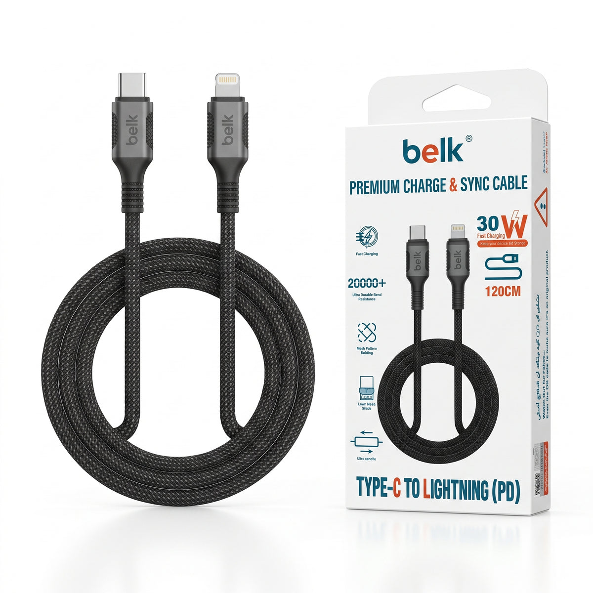 A coiled black Belk Type-C to Lightning PD cable shown next to its white retail packaging box on a clean white background.