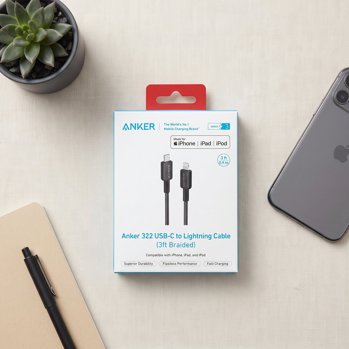 كابل Anker 322 USB-C إلى Lightning بطول 3 أقدام – كابل مضفر للشحن السريع ومزامنة البيانات