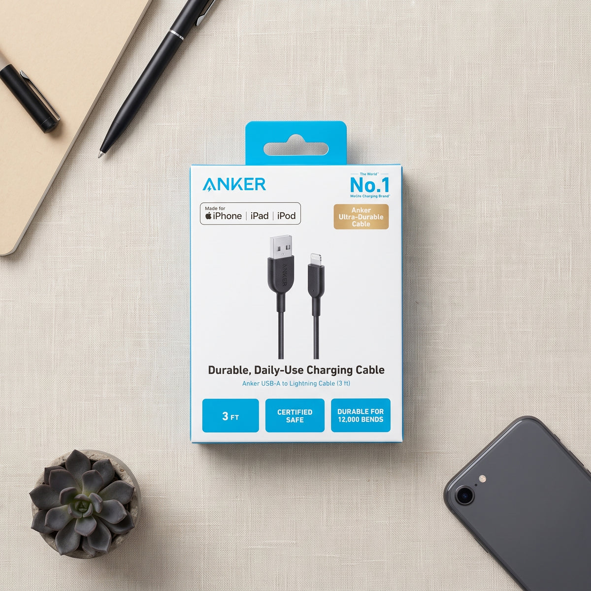 كابل Anker USB-A إلى Lightning بطول 3 أقدام - كابل فائق المتانة للشحن السريع ومزامنة البيانات