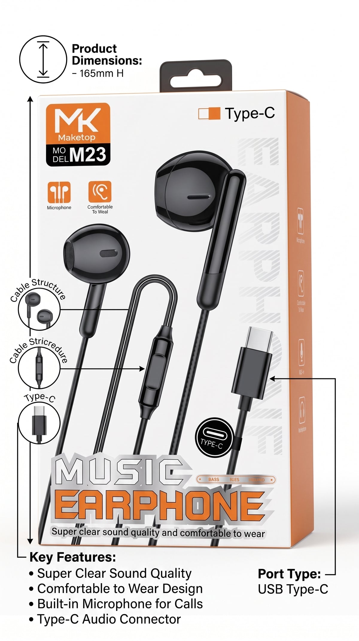 Maketop MK M23 Type-C Wired Earphones with Mic โ Deep Bass