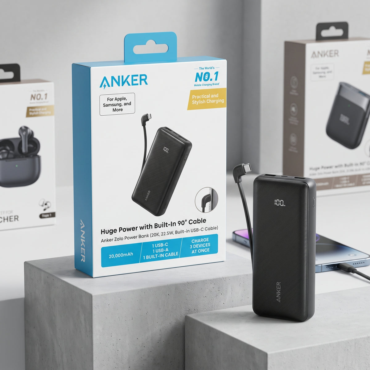 شاحن أنكر زولو المتنقل بسعة 20,000 مللي أمبير وقوة 22.5 واط – كابل USB-C مدمج بزاوية 90 درجة