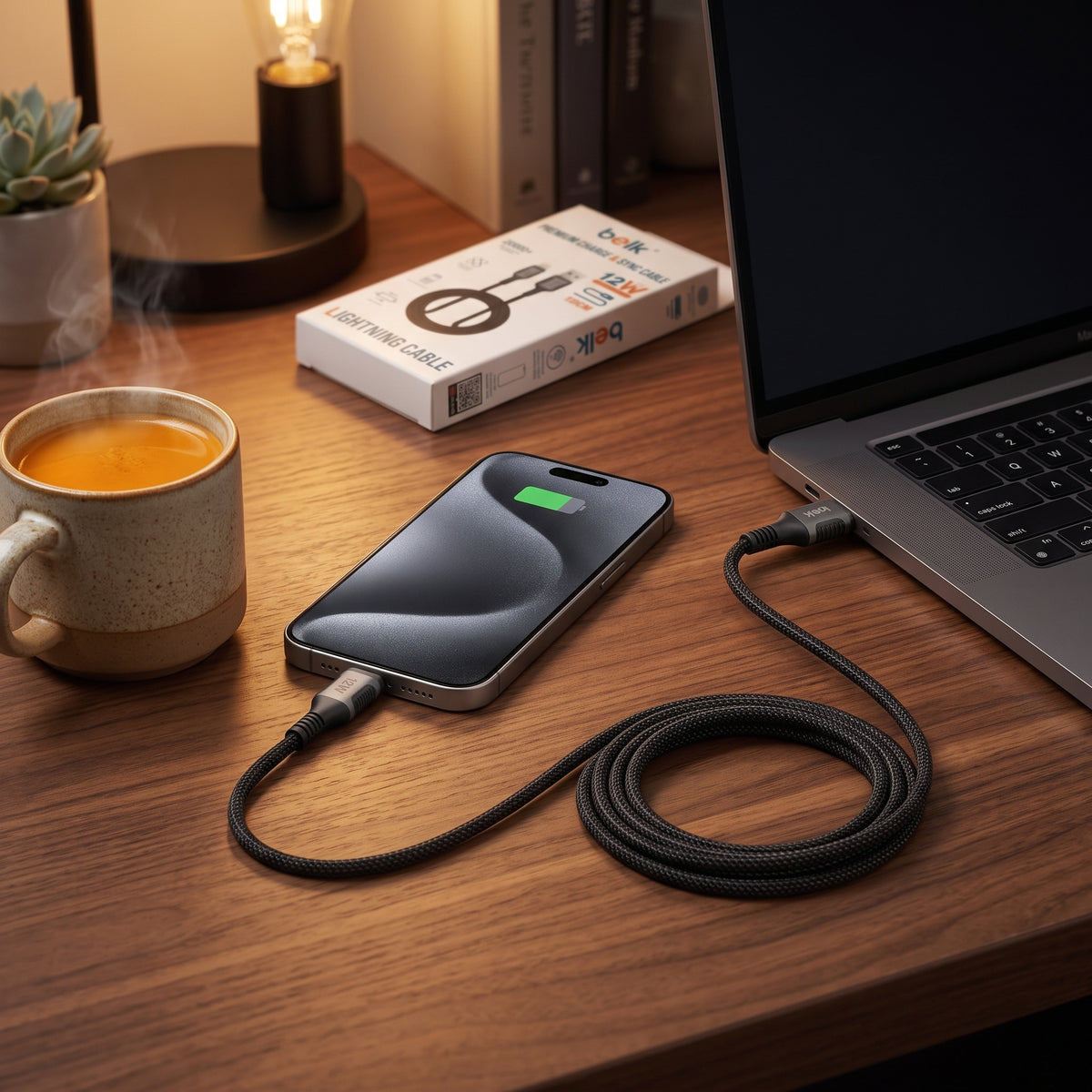 كابل شحن ومزامنة سريع Belk USB-A إلى Lightning بقدرة 12 وات – طول 120 سم مضفر