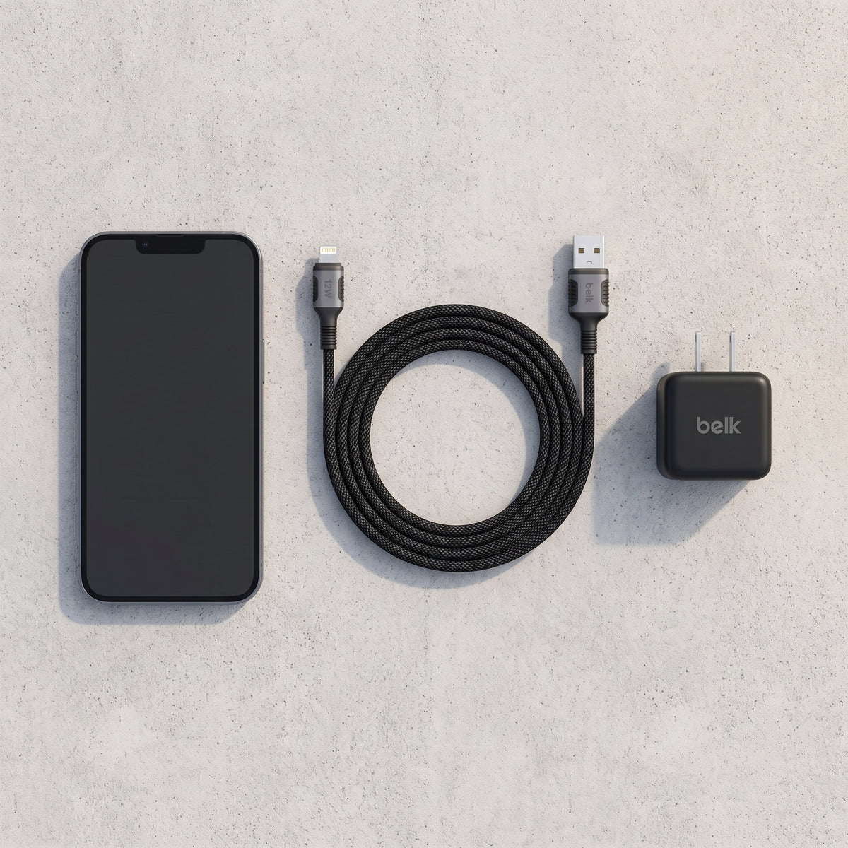 كابل شحن ومزامنة سريع Belk USB-A إلى Lightning بقدرة 12 وات – طول 120 سم مضفر