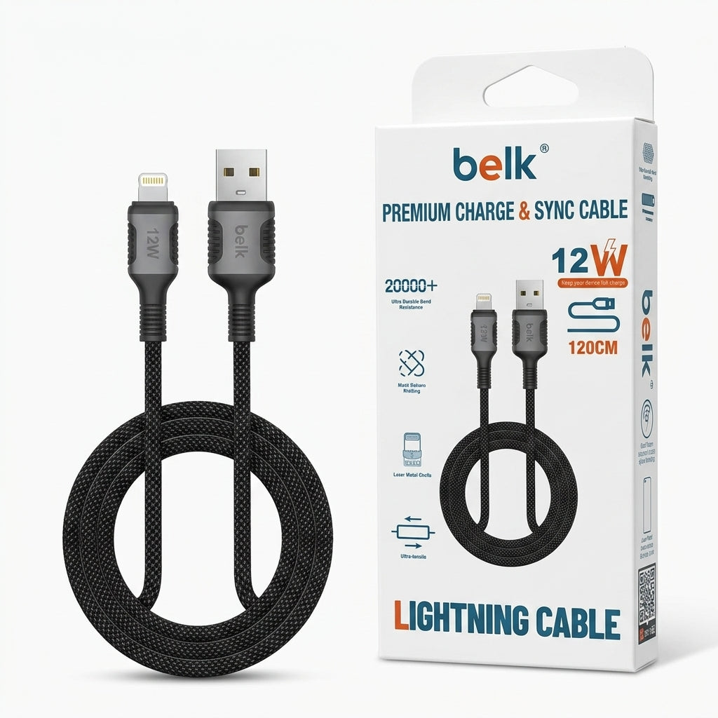 A black belk Lightning cable shown coiled next to its white retail packaging box, featuring 12W fast charging and syncing capabilities.