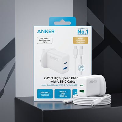شاحن حائط Anker Select بقوة 20 واط ومنفذين مع كابل USB-C بطول 5 أقدام – USB-C و USB-A