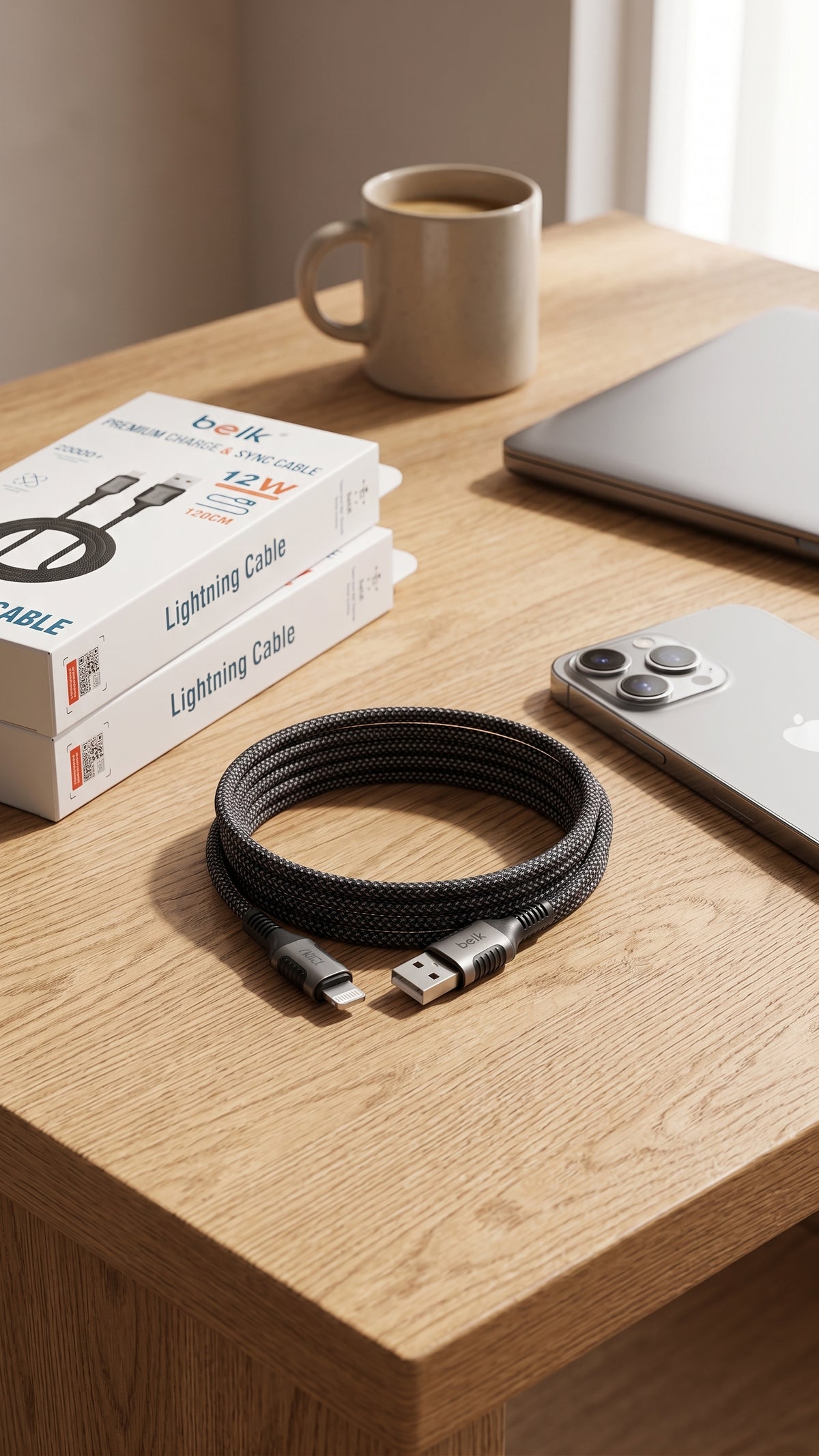 كابل شحن ومزامنة سريع Belk USB-A إلى Lightning بقدرة 12 وات – طول 120 سم مضفر
