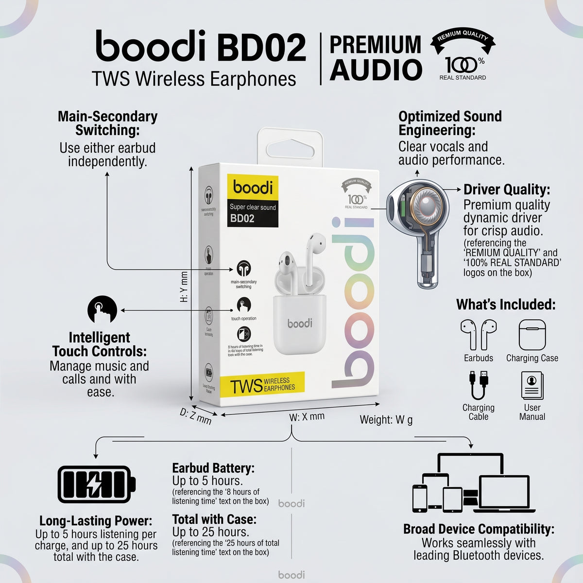 سماعات أذن لاسلكية Boodi BD02 TWS – سماعات أذن بلوتوث تعمل باللمس مع علبة شحن