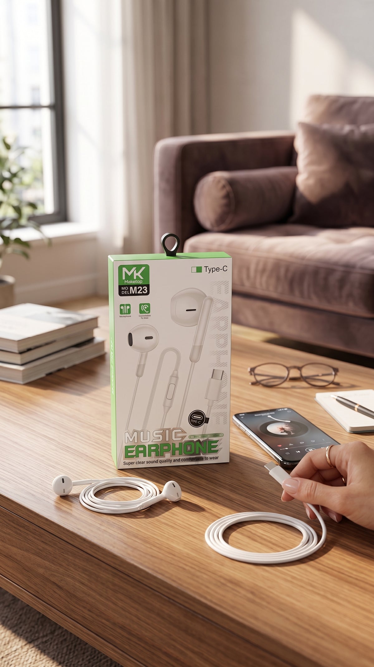 Maketop MK M23 Type-C Wired Earphones with Mic โ White, Deep Bass