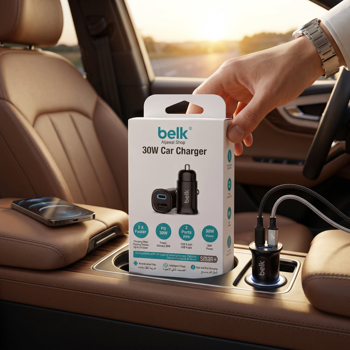 شاحن سيارة بيلك بقدرة 30 واط بمنفذين - شحن سريع PD USB-C و USB-A