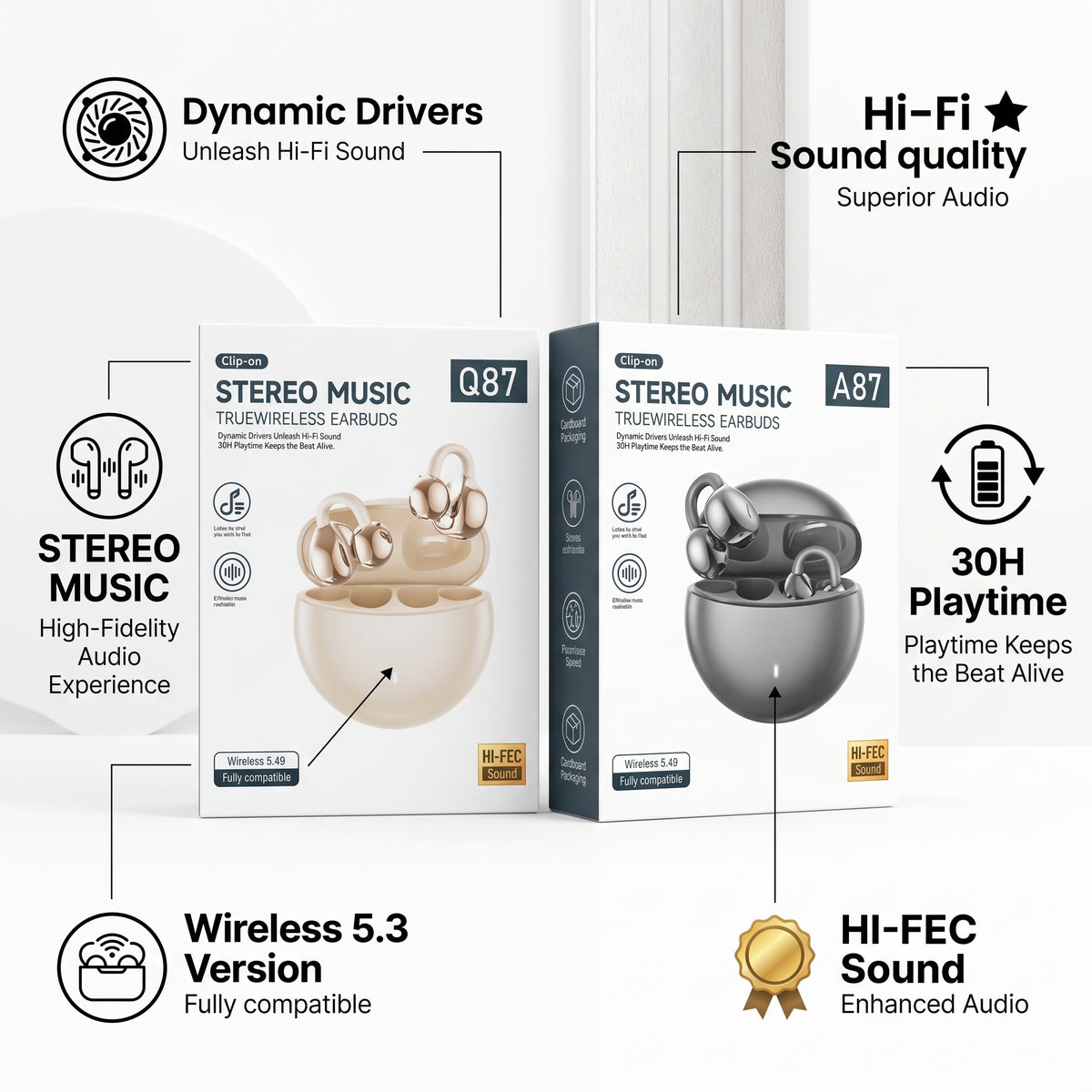 Q87 / A87 Clip-On Wireless Earbuds โ Open-Ear Bluetooth 5.4 with 30H Playtime