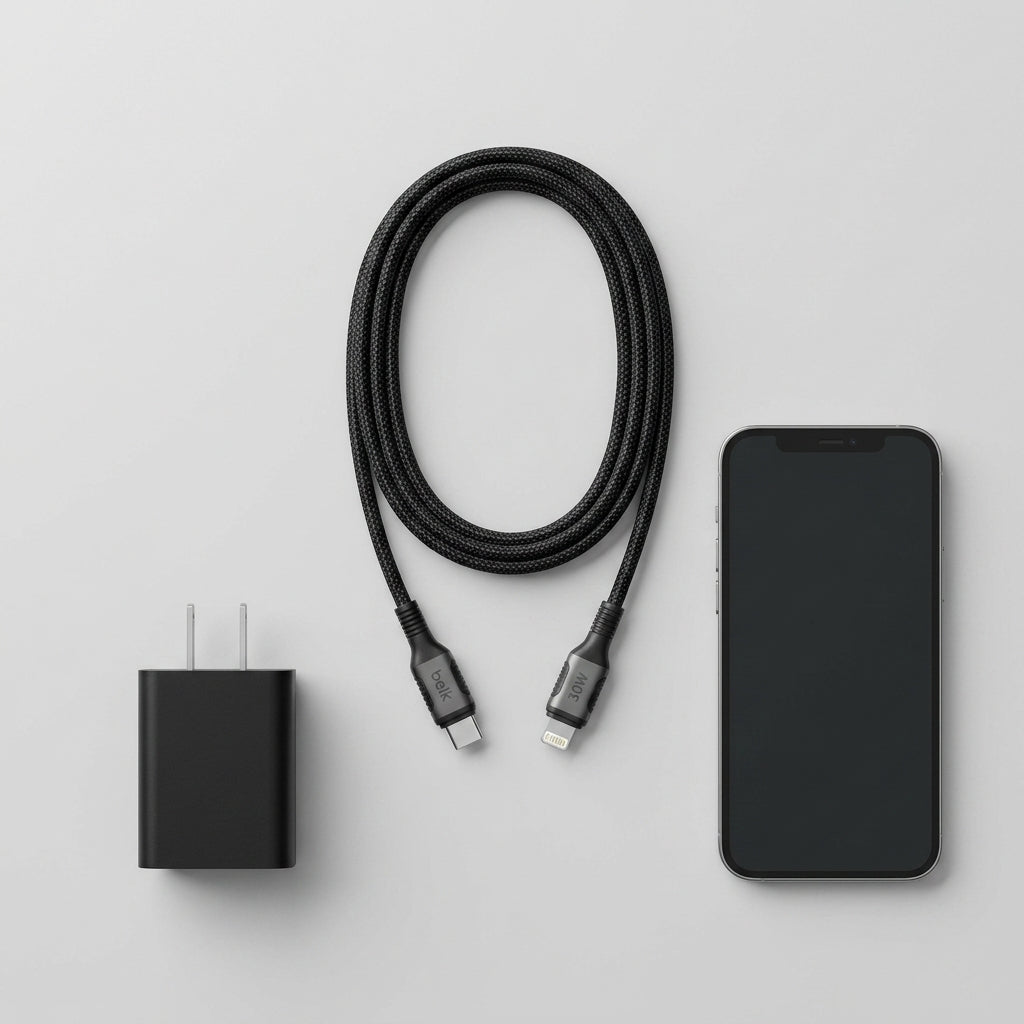 كابل شحن سريع بيلك USB-C إلى Lightning بتقنية PD بقدرة 30 واط – 120 سم، مغطى بطبقة قماشية