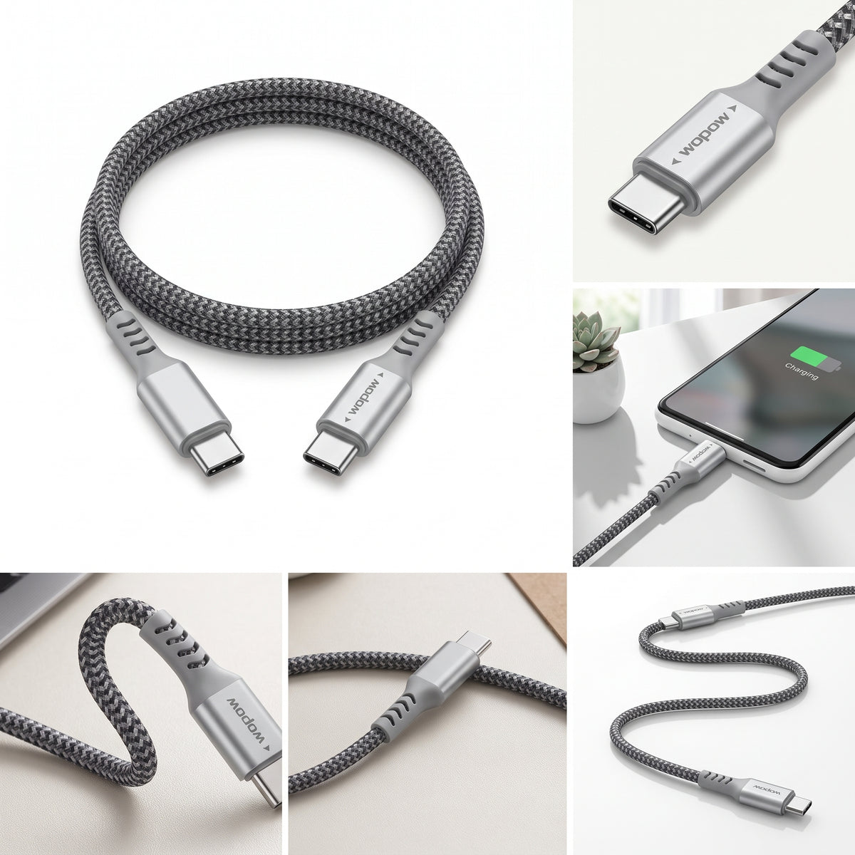 كابل شحن سريع جداً ونقل بيانات Wopow 65 واط بمنفذ USB-C إلى USB-C - طول 120 سم مغطى بجديلة