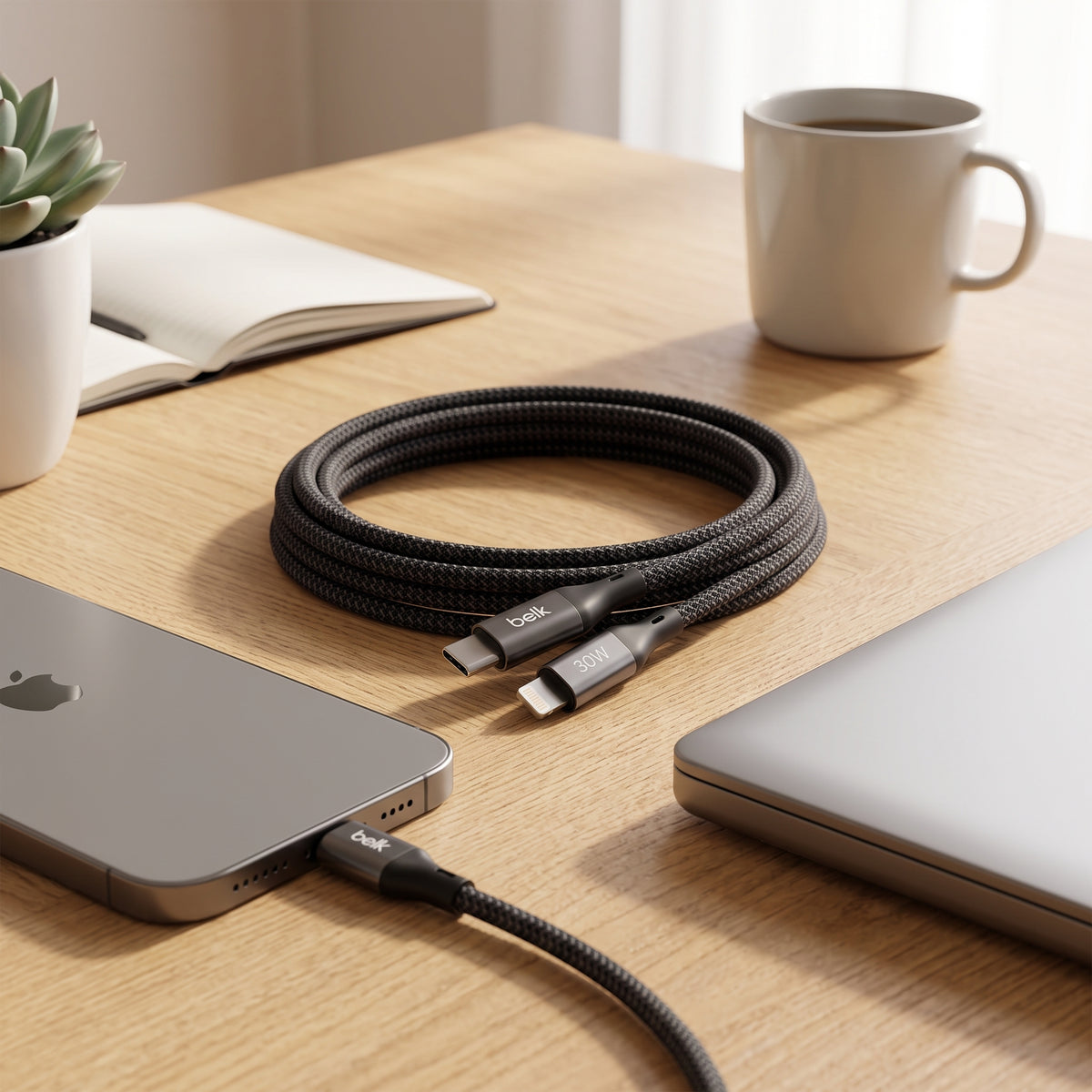 كابل شحن سريع بيلك USB-C إلى Lightning بتقنية PD بقدرة 30 واط – 120 سم، مغطى بطبقة قماشية