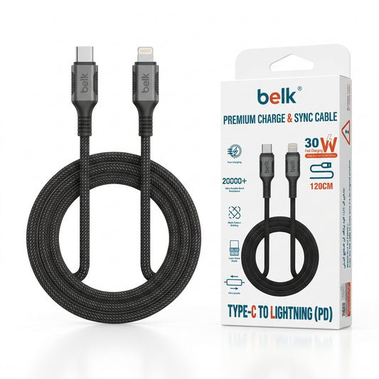 A coiled black Belk Type-C to Lightning PD cable shown next to its white retail packaging box on a clean white background.