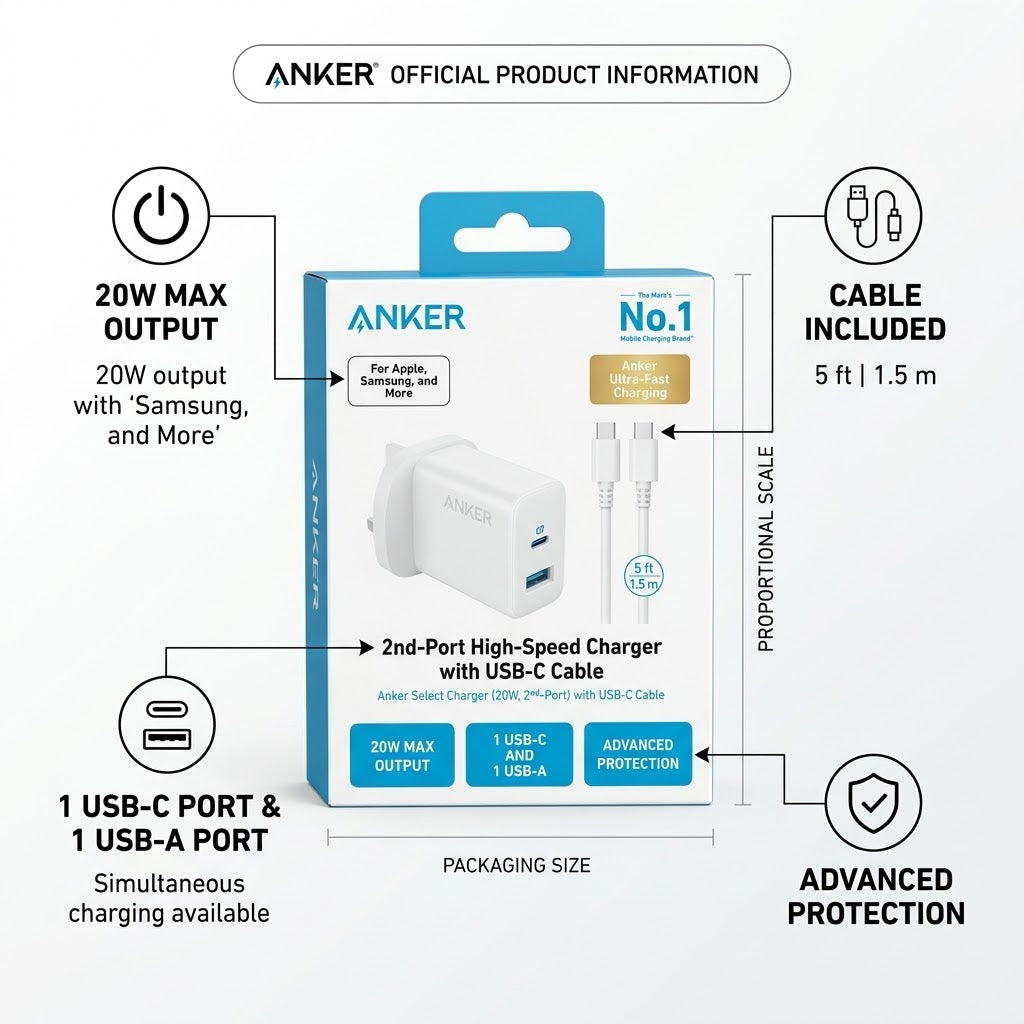شاحن حائط Anker Select بقوة 20 واط ومنفذين مع كابل USB-C بطول 5 أقدام – USB-C و USB-A