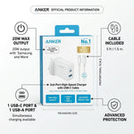 شاحن حائط Anker Select بقوة 20 واط ومنفذين مع كابل USB-C بطول 5 أقدام – USB-C و USB-A