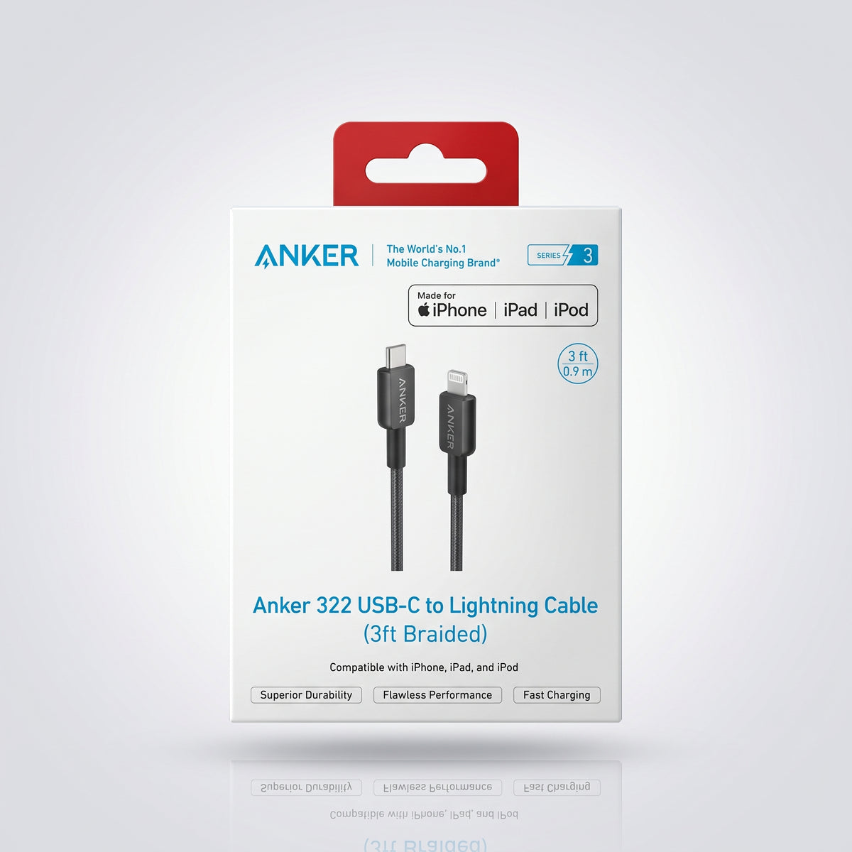 كابل Anker 322 USB-C إلى Lightning بطول 3 أقدام – كابل مضفر للشحن السريع ومزامنة البيانات