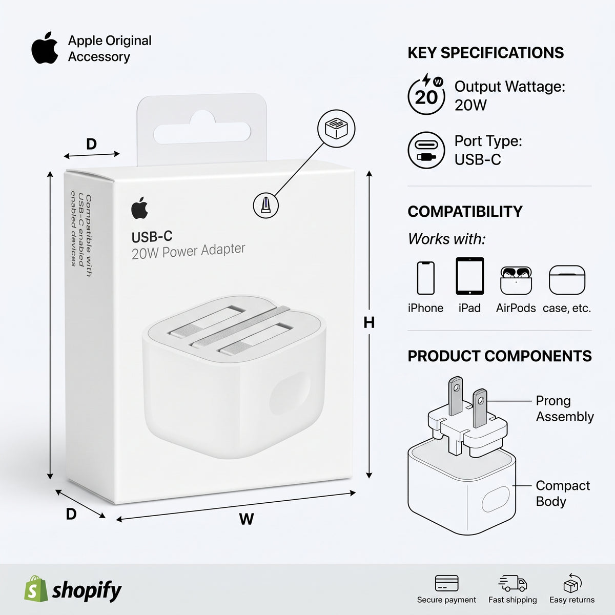 محول طاقة USB-C بقدرة 20 واط من Apple – شاحن حائط سريع الشحن بمنفذ ثلاثي (UK)