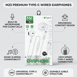 Maketop MK M23 Type-C Wired Earphones with Mic – White, Deep Bass