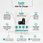 شاحن سيارة بيلك بقدرة 30 واط بمنفذين - شحن سريع PD USB-C و USB-A