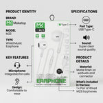Maketop MK M23 Type-C Wired Earphones with Mic – White, Deep Bass