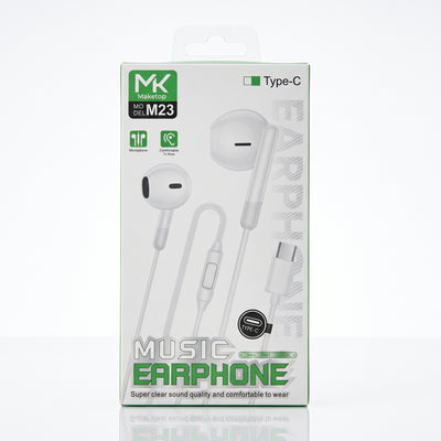 Maketop MK M23 Type-C Wired Earphones with Mic – White, Deep Bass