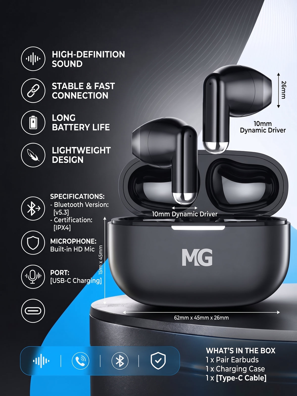 MG True Wireless Earbuds TWS Bluetooth with Mic – HD Stereo Sound