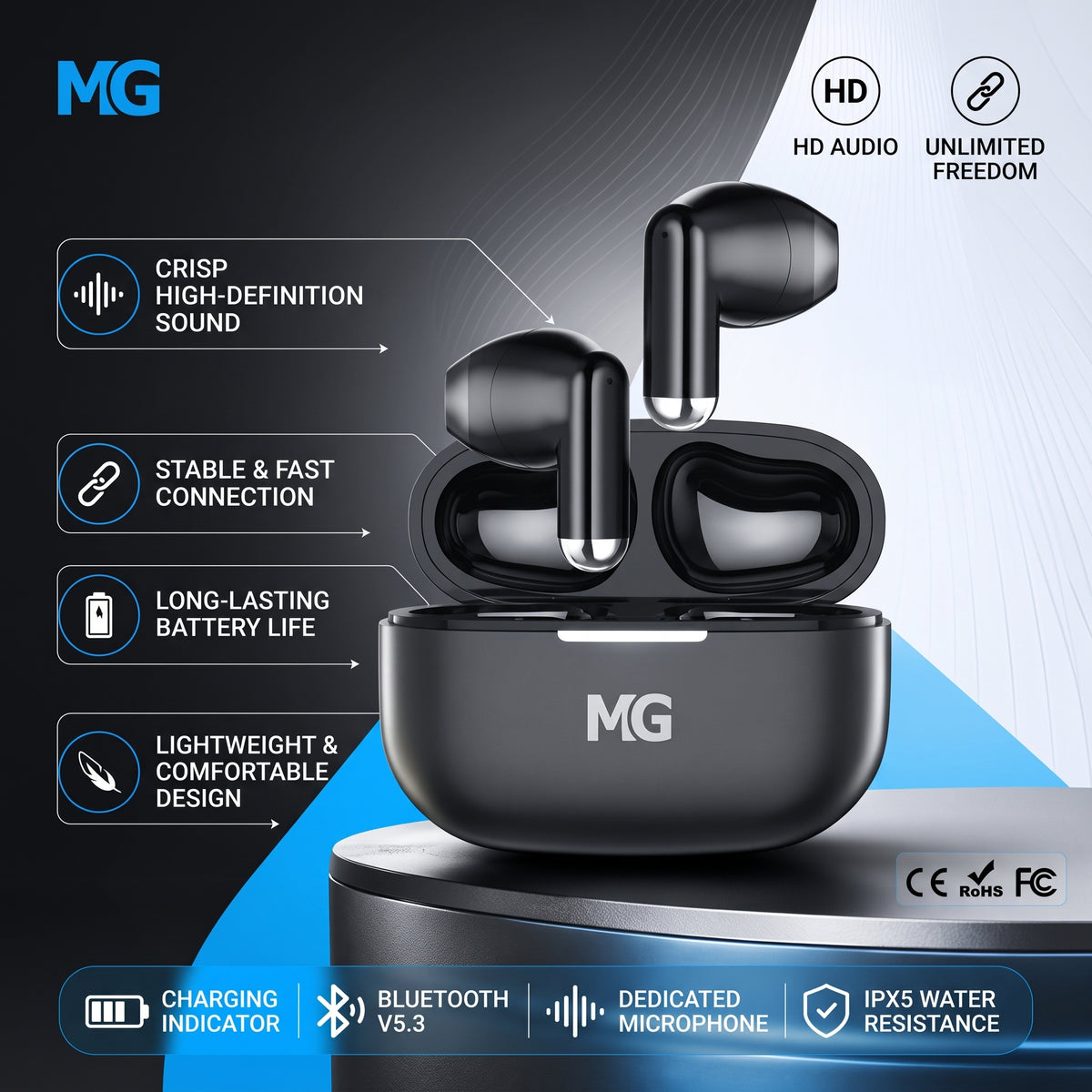 MG True Wireless Earbuds TWS Bluetooth with Mic – HD Stereo Sound