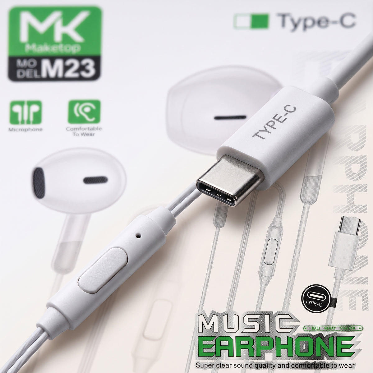 Maketop MK M23 Type-C Wired Earphones with Mic – White, Deep Bass