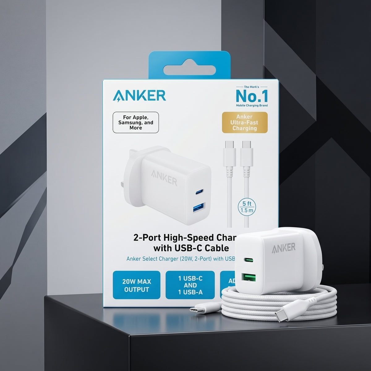 شاحن حائط Anker Select بقوة 20 واط ومنفذين مع كابل USB-C بطول 5 أقدام – USB-C و USB-A