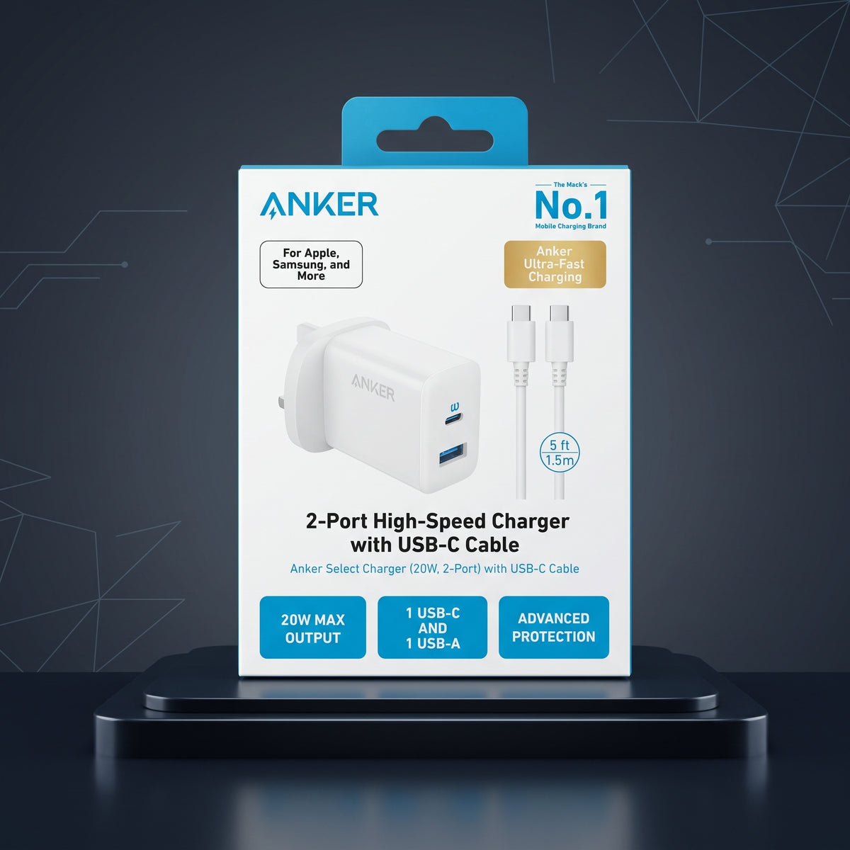 شاحن حائط Anker Select بقوة 20 واط ومنفذين مع كابل USB-C بطول 5 أقدام – USB-C و USB-A