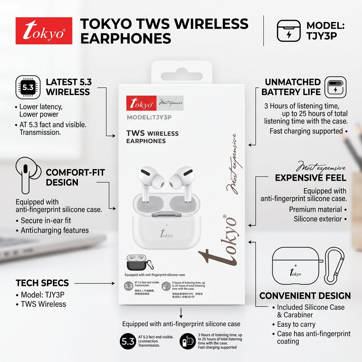 Tokyo TJY3P TWS Wireless Earbuds with Mic – Bluetooth 5.3 & 25H Playtime