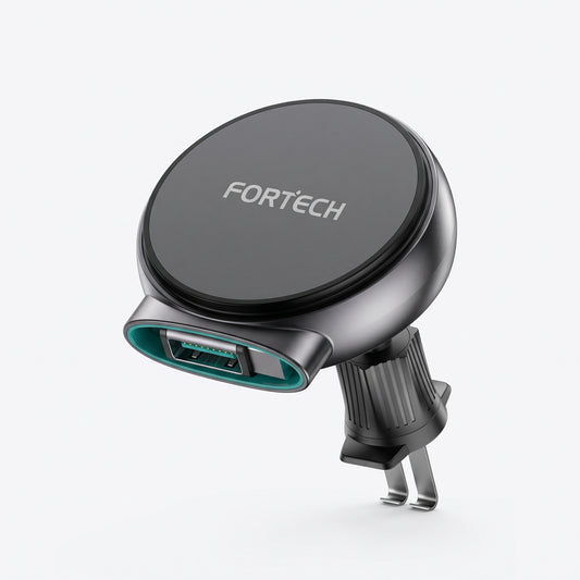 حامل شاحن لاسلكي مغناطيسي للسيارة من FORTECH موديل FWH-001 – قاعدة تثبيت للهاتف بفتحة التهوية متوافقة مع MagSafe