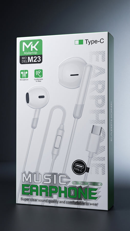 Maketop MK M23 Type-C Wired Earphones with Mic – White, Deep Bass