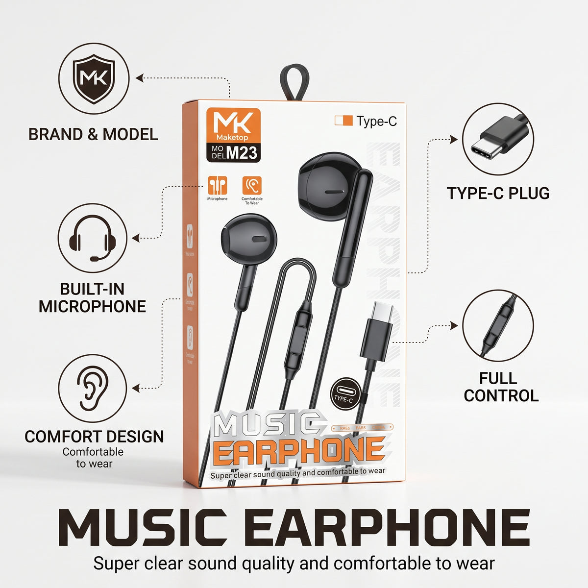 Maketop MK M23 Type-C Wired Earphones with Mic – Deep Bass