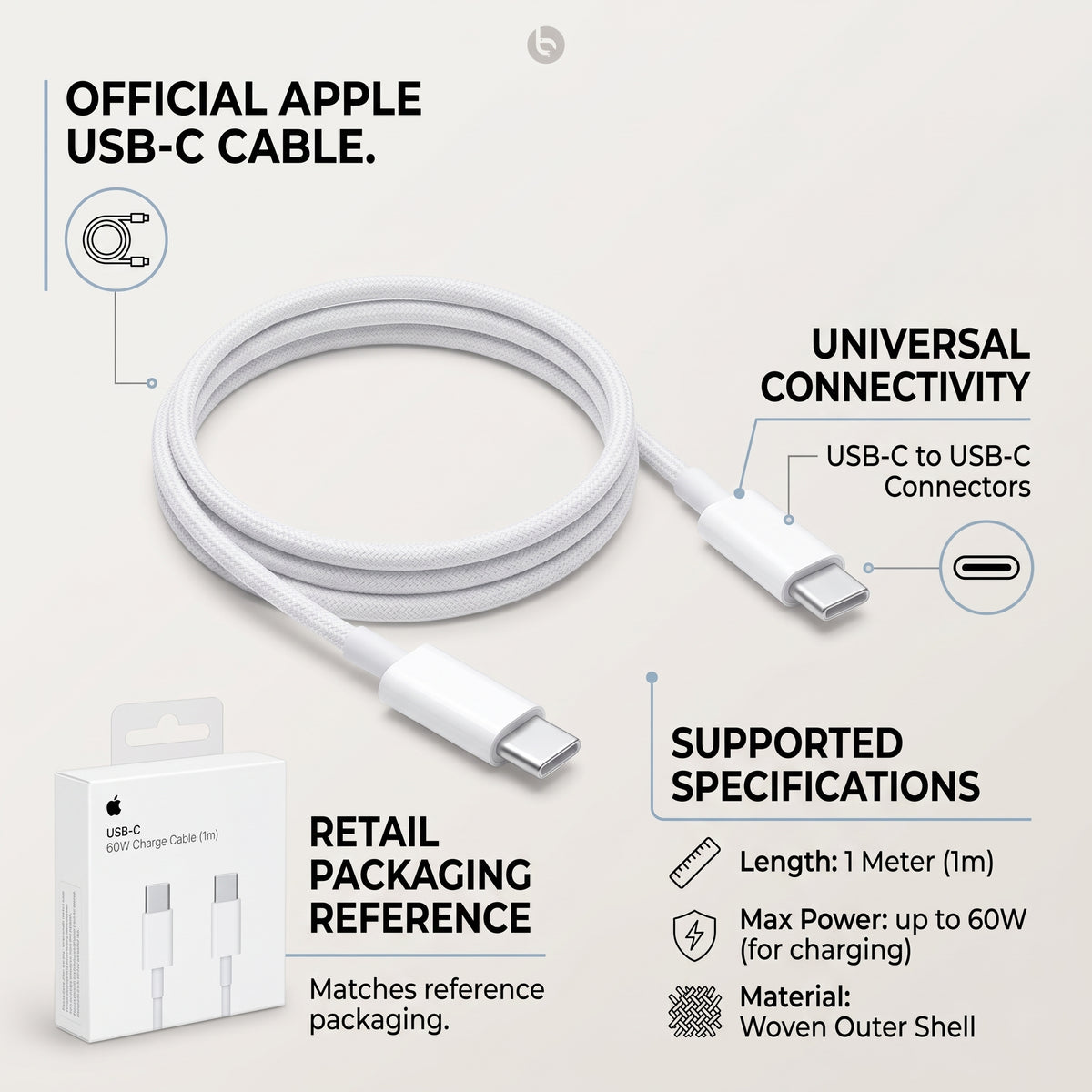 كابل شحن USB-C بقدرة 60 واط من Apple بطول 1 متر – كابل شحن سريع USB-C إلى USB-C