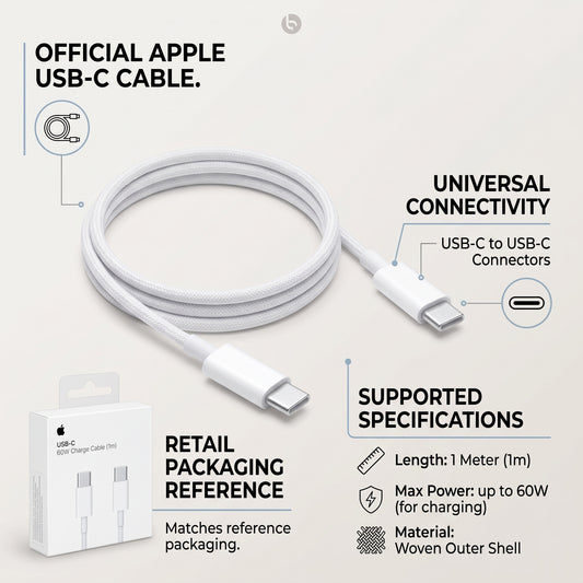 كابل شحن USB-C بقدرة 60 واط من Apple بطول 1 متر – كابل شحن سريع USB-C إلى USB-C