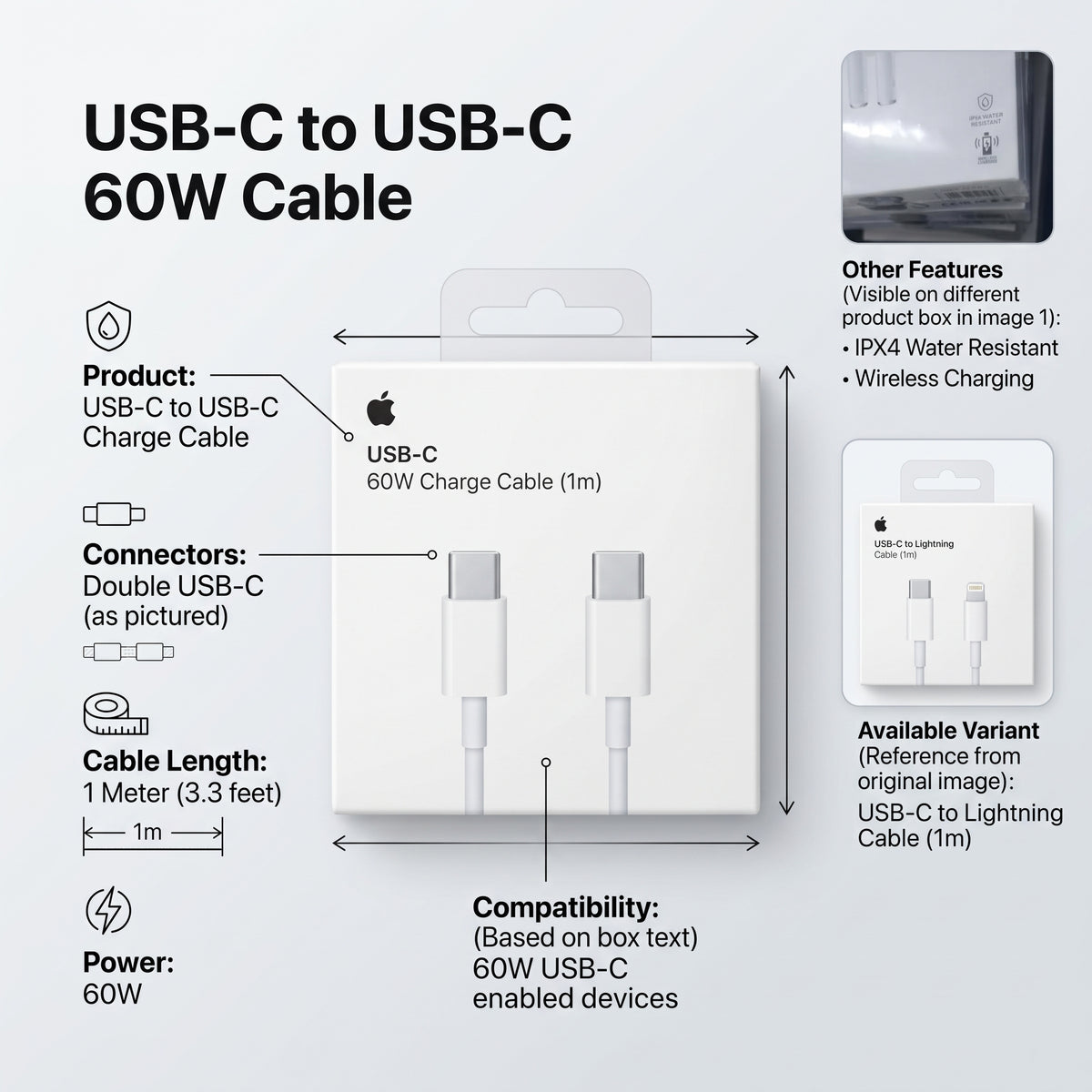 كابل شحن USB-C بقدرة 60 واط من Apple بطول 1 متر – كابل شحن سريع USB-C إلى USB-C