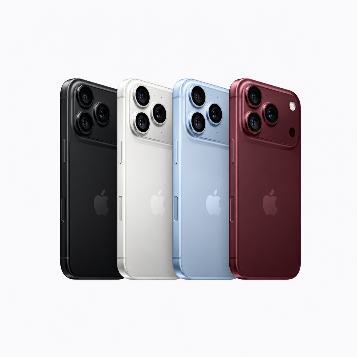 Four Apple iPhone back views shown in a row on a light gray background, in black, white, light blue, and dark red color options.