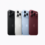 Four Apple iPhone back views shown in a row on a light gray background, in black, white, light blue, and dark red color options.