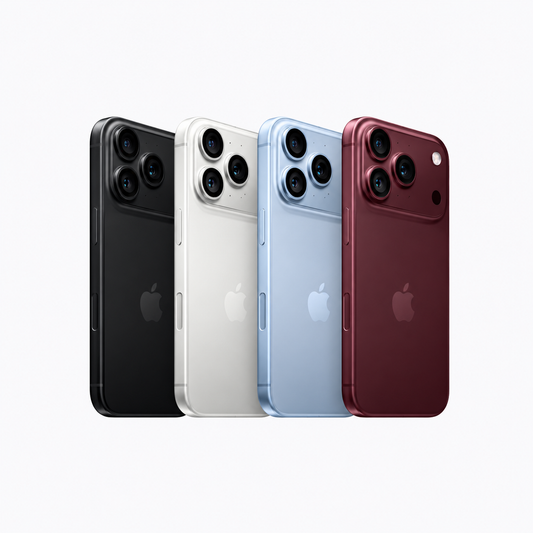Four Apple iPhone back views shown in a row on a light gray background, in black, white, light blue, and dark red color options.